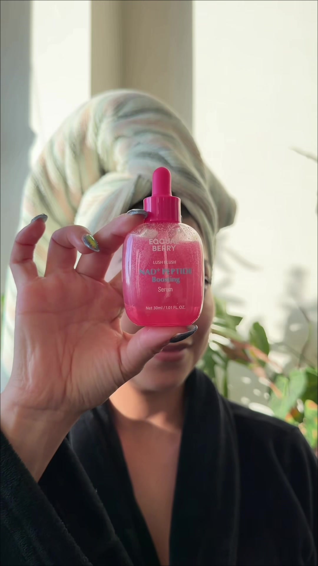 TikTok post by @_liacortes for EQQUALBERRY. Caption reads: AD* ✨ The @EQQUALBERRY NAD+ Peptide Boosting Serum....