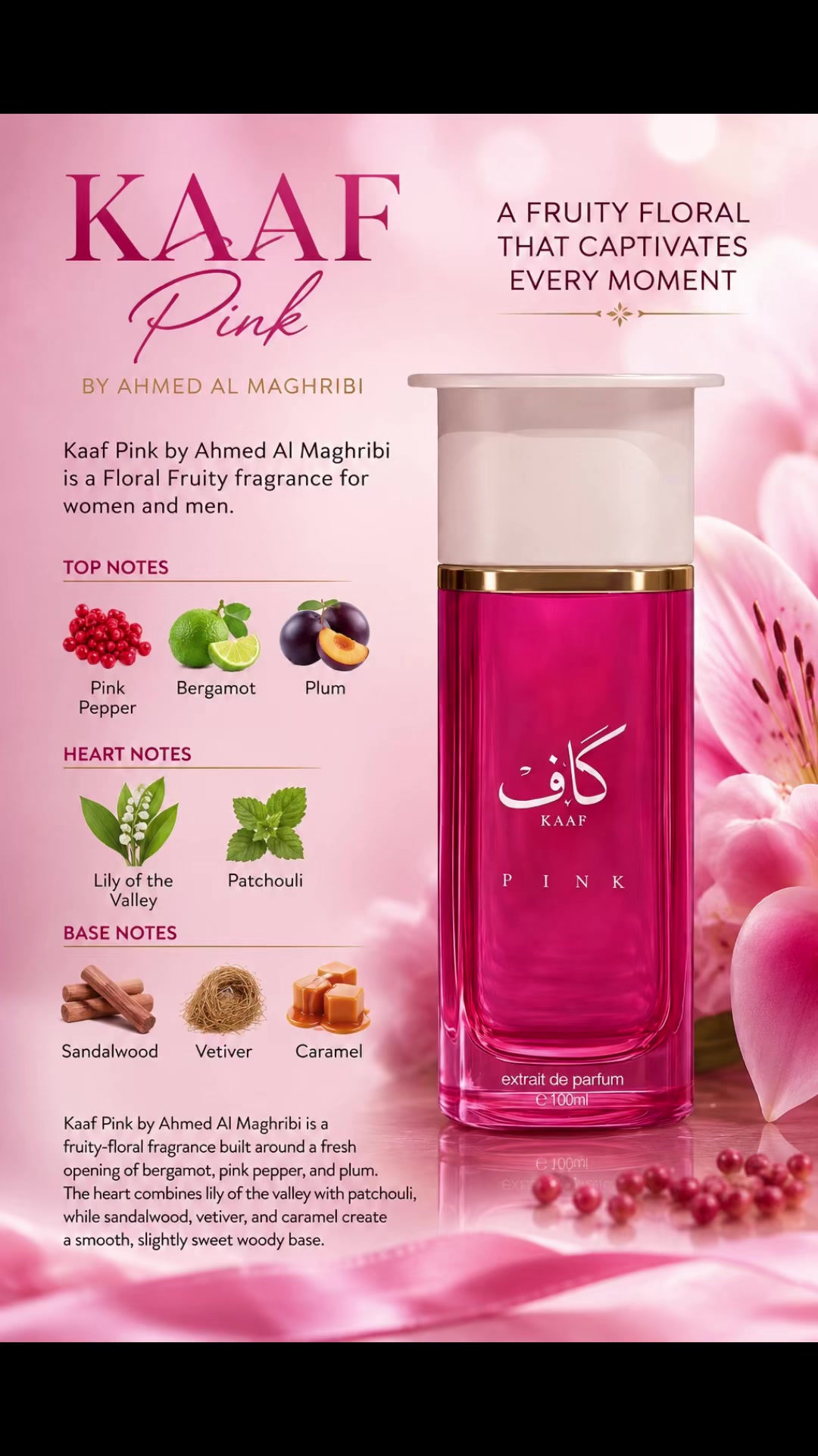 TikTok post by an influencer for Ahmed Al Maghribi Indonesia. Caption reads: 🌸✨ Meet Kaaf Pink by Ahmed Al Maghribi ✨🌸 A....