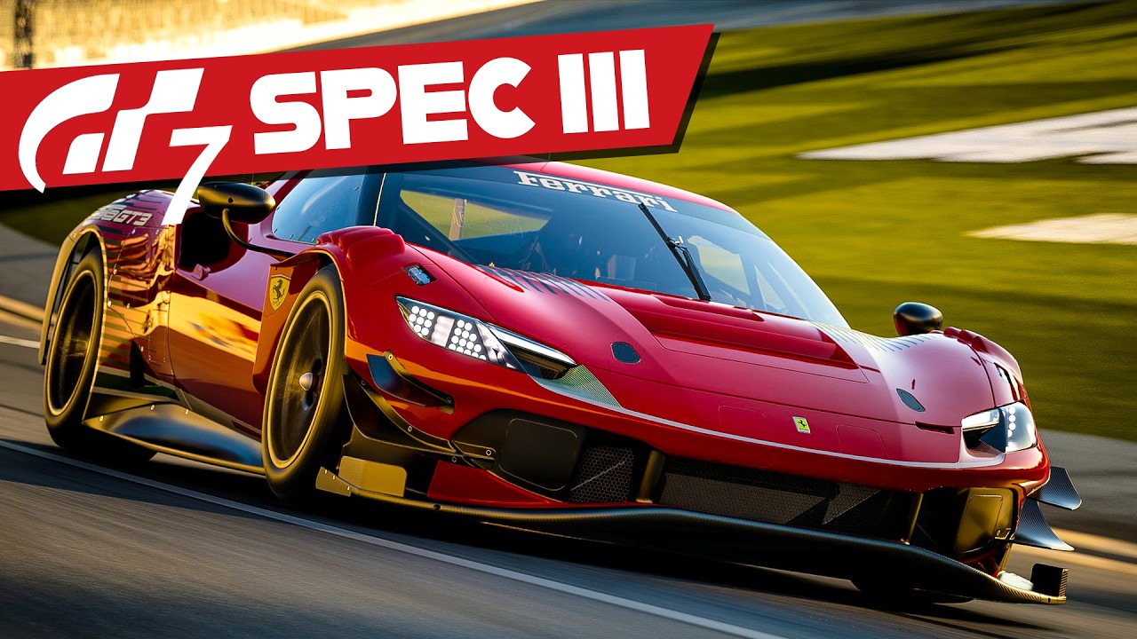 YouTube post by @pixelconnect for Fanatec. Caption reads: All the new cars and tracks in GT7 Spec III....