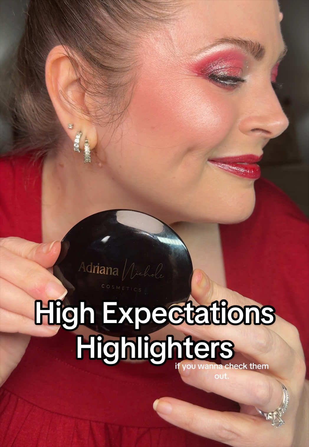 TikTok post by @melissa_beautyover40 for Adriana Nichole Cosmetics. Caption reads: [...] pearlescent highlighter, the @Adriana....