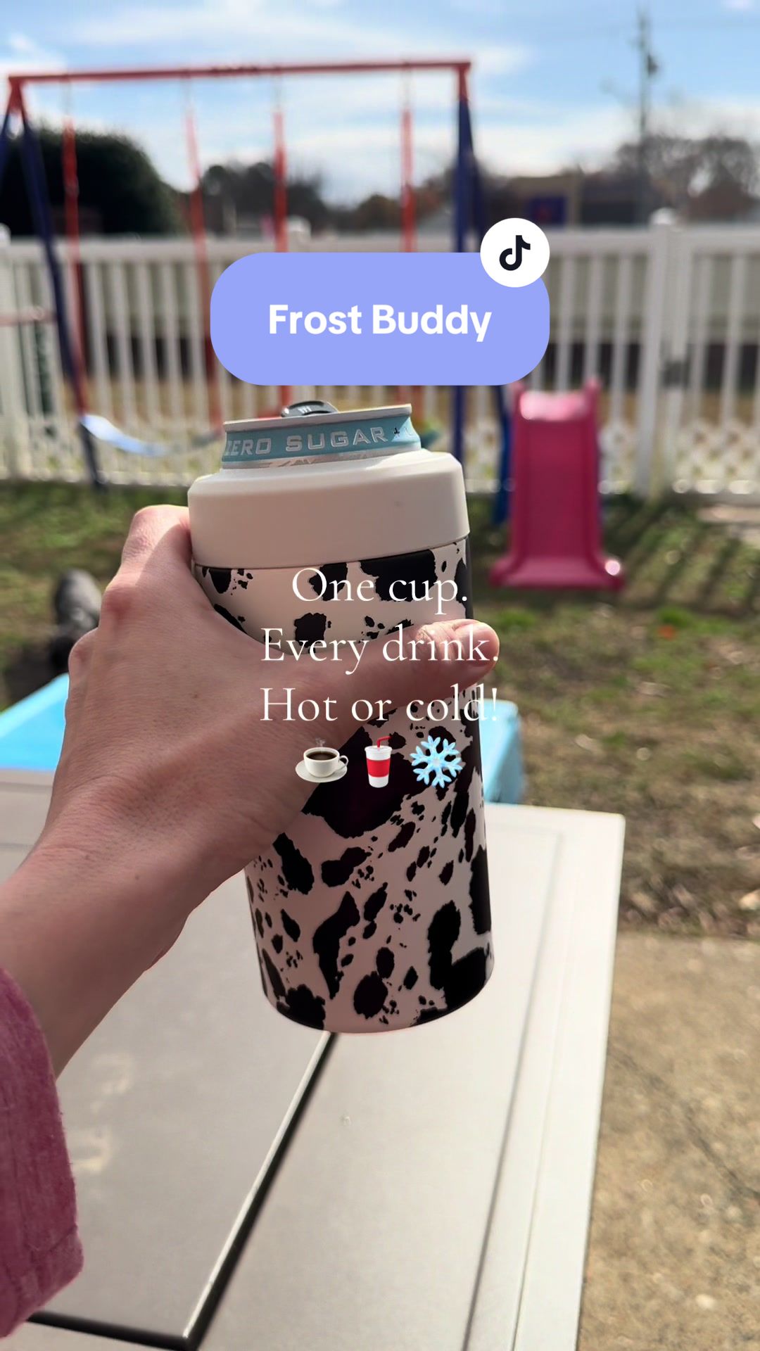 TikTok post by @n_beattie6 for FrostBuddy. Caption reads: One cup, every drink ☕🥤❄️ Hot or cold, it fits it....