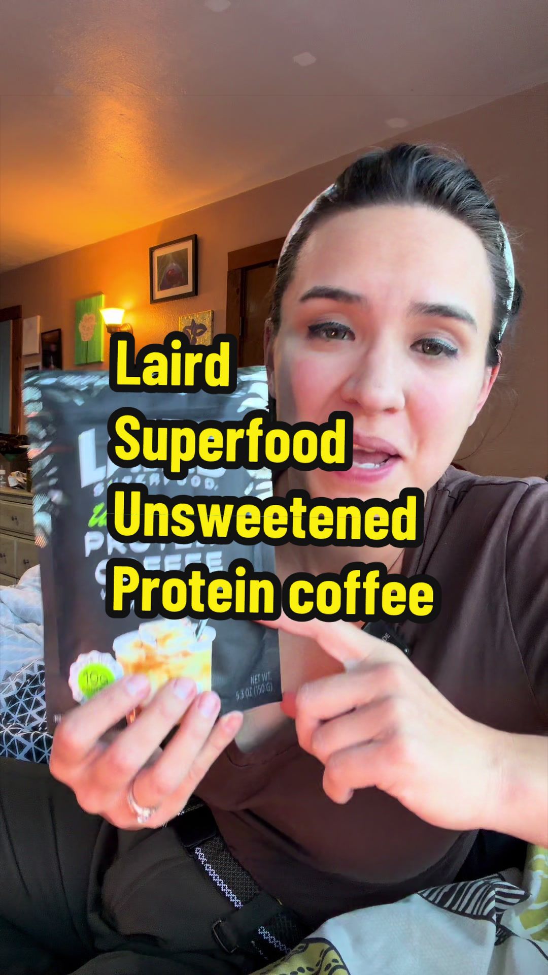 TikTok post by @akchev for Laird Superfood. Caption reads: [...] for you 👀☕ This is the unsweetened Laird....
