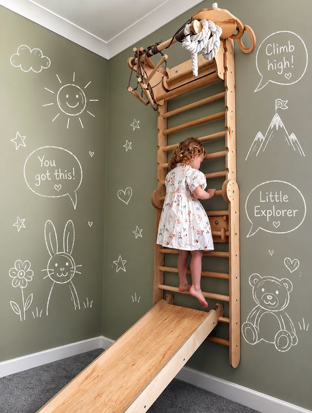 Instagram post by @raisingthetrustams for GOODEVAS. Caption reads: Happy Wednesday 🐇 Climbing wall: @goodevas use....