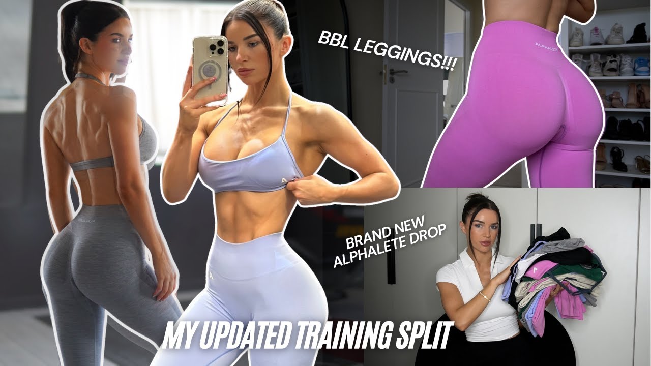 YouTube post by @carolineomahony for Alphalete Women. Caption reads: Alphalete "BBL Leggings" Haul | My Training Split....