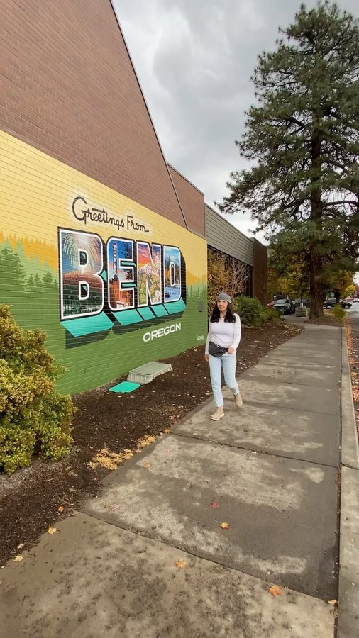 Instagram post by @enjoycentraloregonstuff for Visit Bend Oregon. Caption reads: 🏞️ Greetings from Bend! A city that knows good....