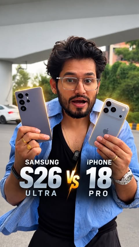 Instagram post by @techat6 for Samsung. Caption reads: iPhone 18 Pro Vs Samsung S26 Ultra Which Phone....