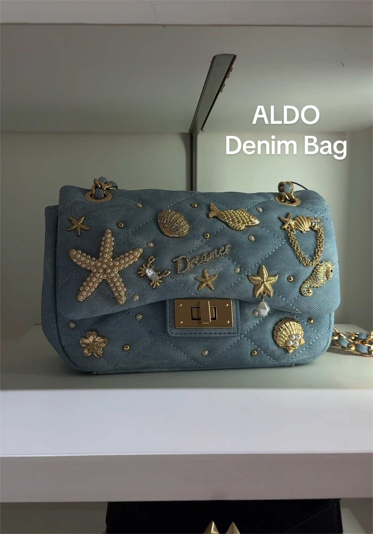 TikTok post by @down_forkimmy for ALDO Shoes. Caption reads: [...] perfect denim shoulder bag @ALDO Shoes does....