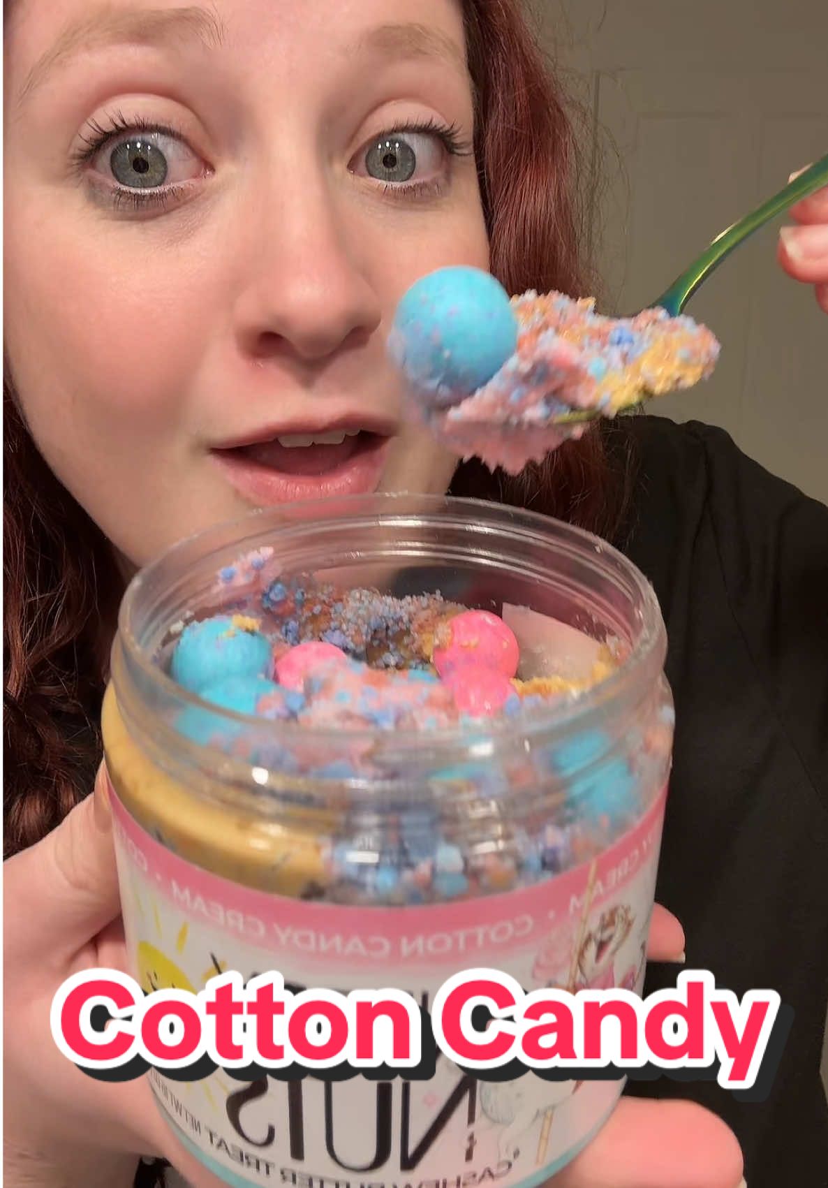 TikTok post by @brittkitt97 for Nerdy Nuts. Caption reads: Carnival in a jar!! This flavor tastes like sweet....