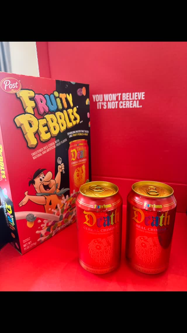 Instagram post by @camhey97 for Liquid Death. Caption reads: Thanks @liquiddeath for the fruity pebbles!.