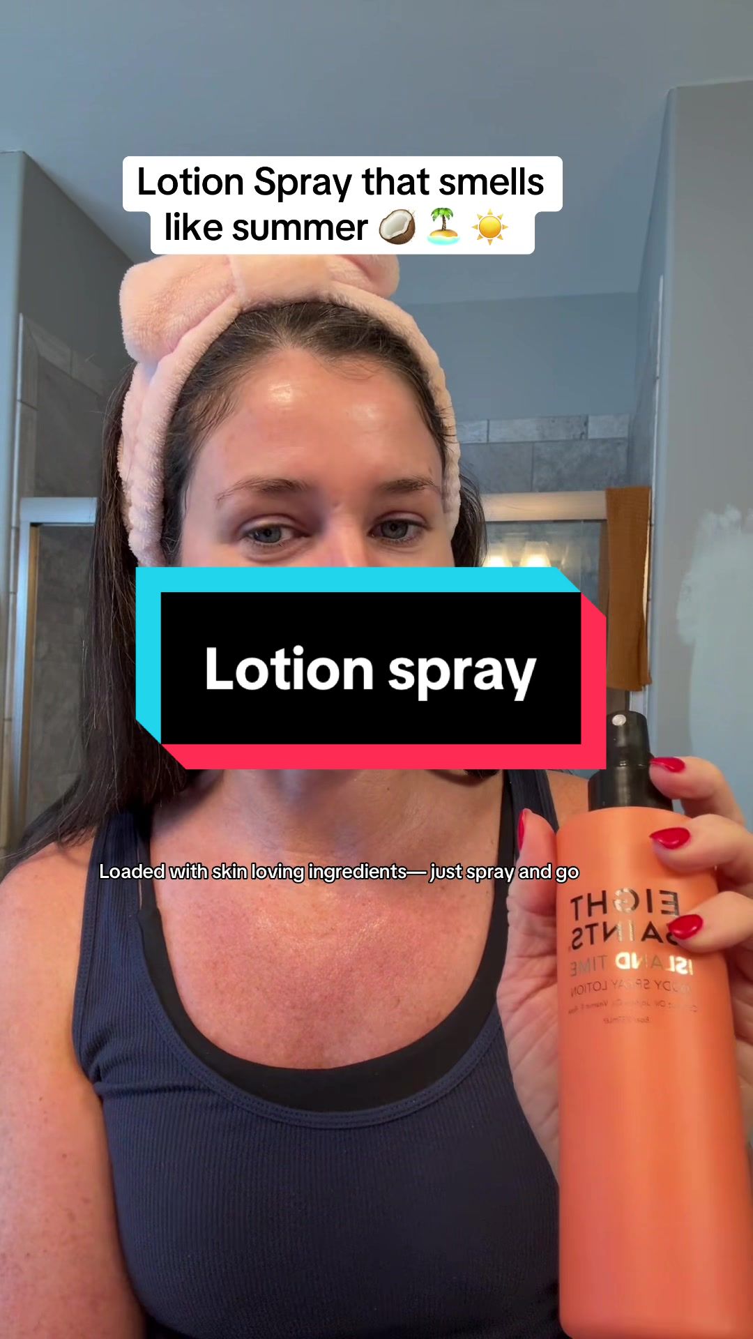 TikTok post by @bekah_motherhood for Eight Saints Skincare. Caption reads: Love this body lotion spray @Eight Saints Skincare....