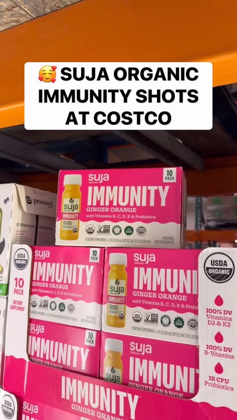 Instagram post by @costcobuys for Suja Organic. Caption reads: 🥤 Just spotted Suja Organic Immunity Shots at....