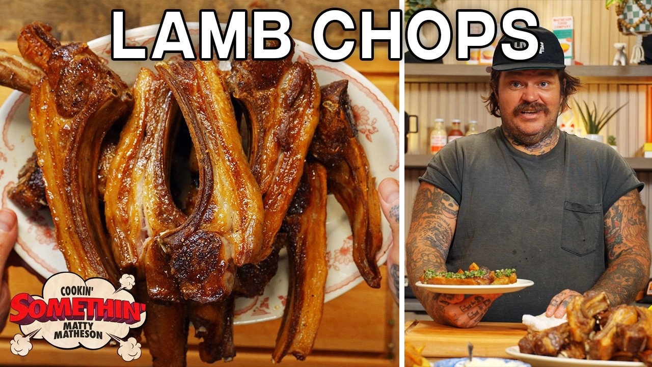 YouTube post by @mattymatheson for Goldbelly. Caption reads: Matty's Go-To Roasted Lamb Chop Dinner | Cookin'....