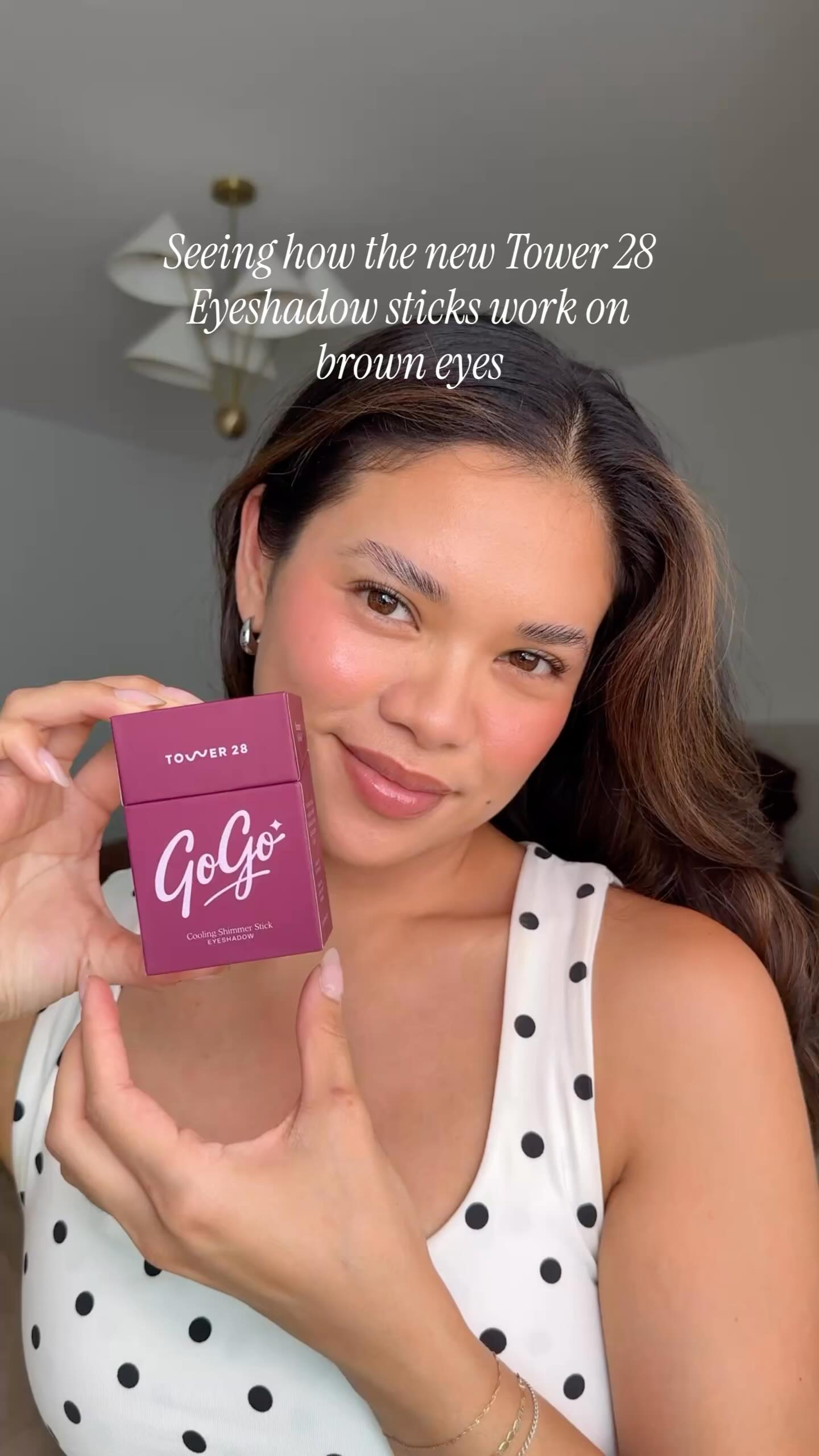 Instagram post by @melissacgeraghty for Tower 28 Beauty. Caption reads: OK EYE MAKEUP MADE EASY. Brown eyes POP with the....