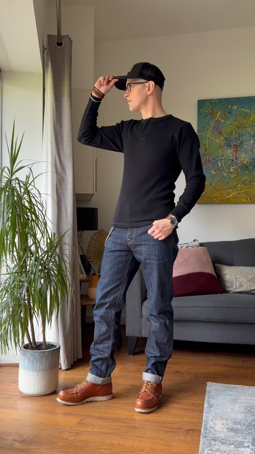 Instagram post by @joey_sam_blue for Red Wing Shoes. Caption reads: Starting the day rugged, really digging the Henley....