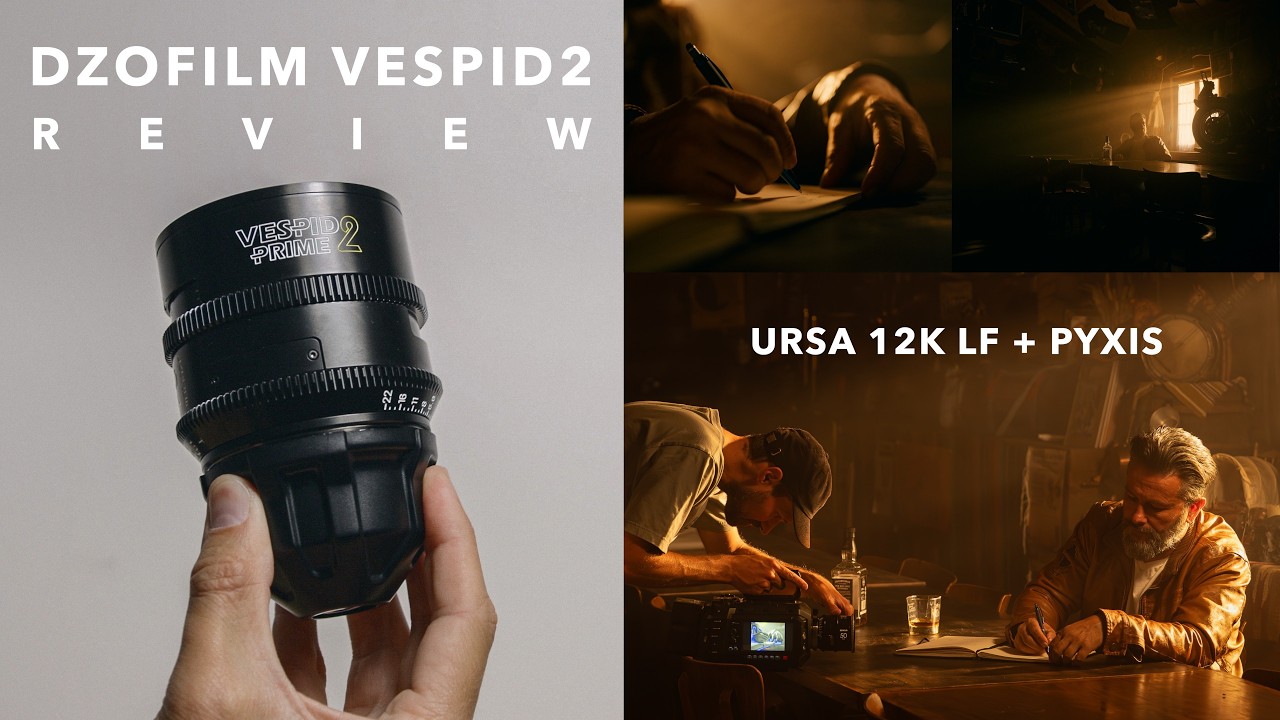 YouTube post by @OfTwoLands for FilmConvert. Caption reads: Filming a Project with the New DZO Vespid 2 |....