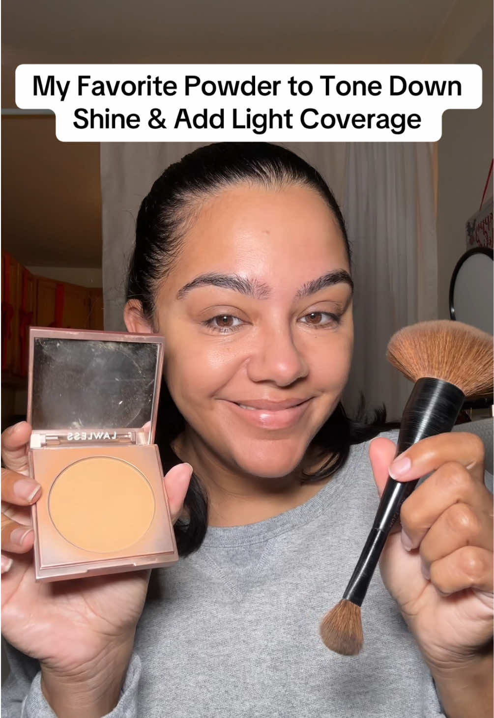 TikTok post by @thenotarichgirl for LAWLESS Beauty. Caption reads: [...] Powder in Medium Tan@LAWLESS Beauty....