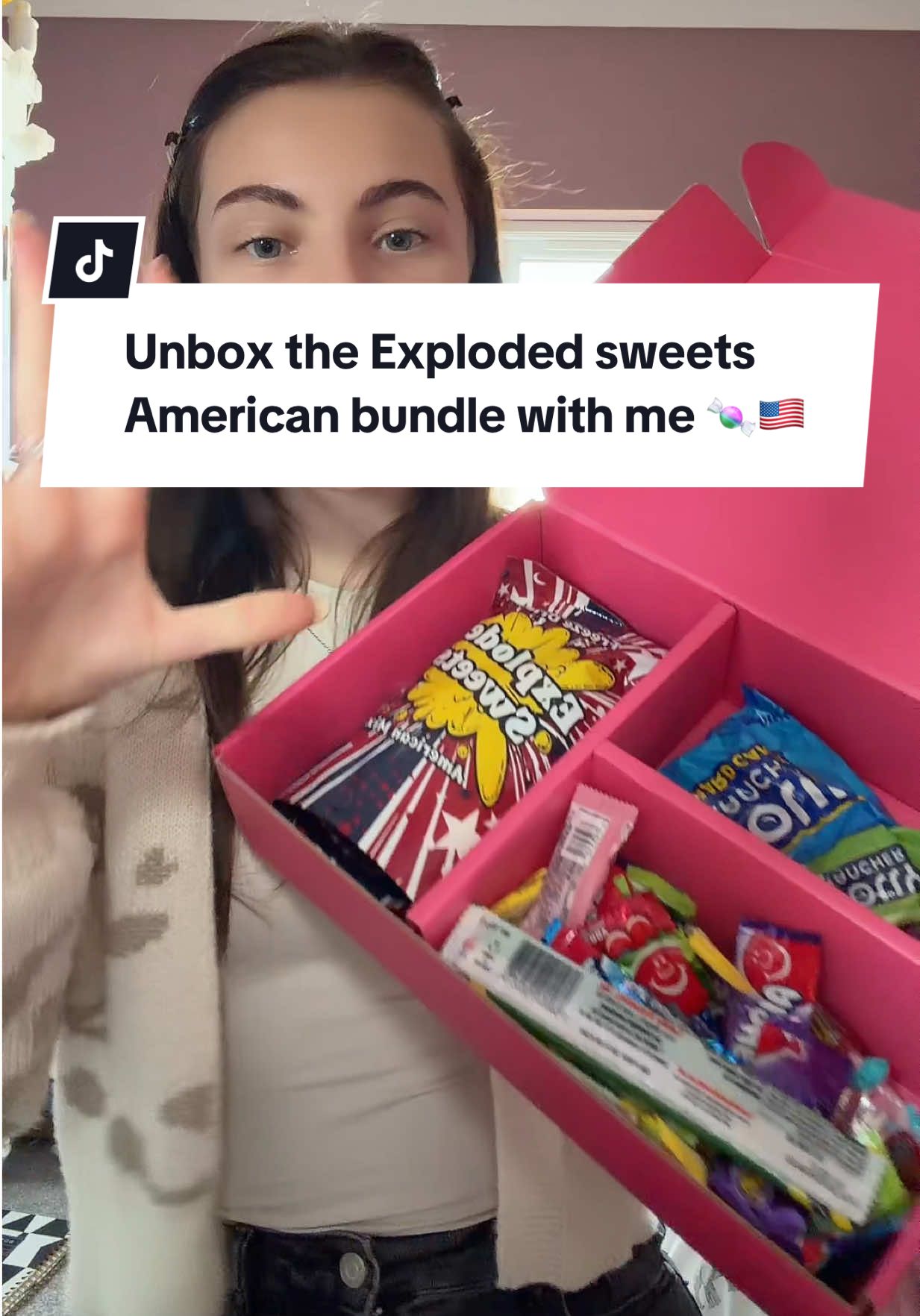 TikTok post by @_maddie.fry_ for Exploded Sweets. Caption reads: Best weekend treat 🇺🇸🍬🇺🇸🍬@Exploded Sweets....