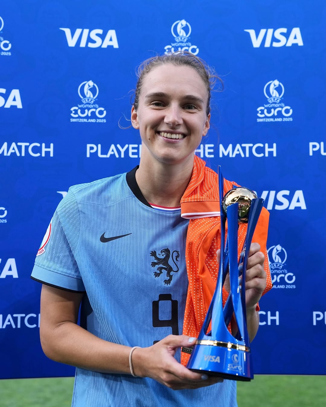Instagram post by @weuro2025 for Visa. Caption reads: It just had to be Viv ⚽️💯🧡

#WEUROPOTM @visauk.
