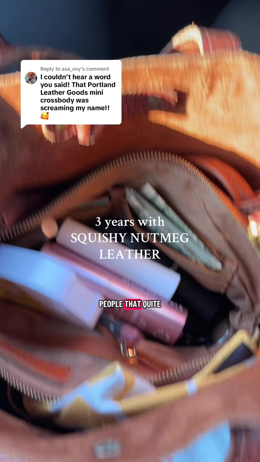 TikTok post by @cindellkimbrough for Portland Leather Goods. Caption reads: Replying to @asa_voy my holy grail everyday....