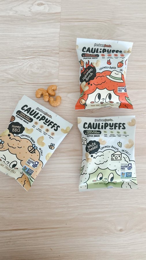 Instagram post by @ashlieewing_ for CauliPuffs. Caption reads: Crispy, crunchy and delicious these puff snacks....