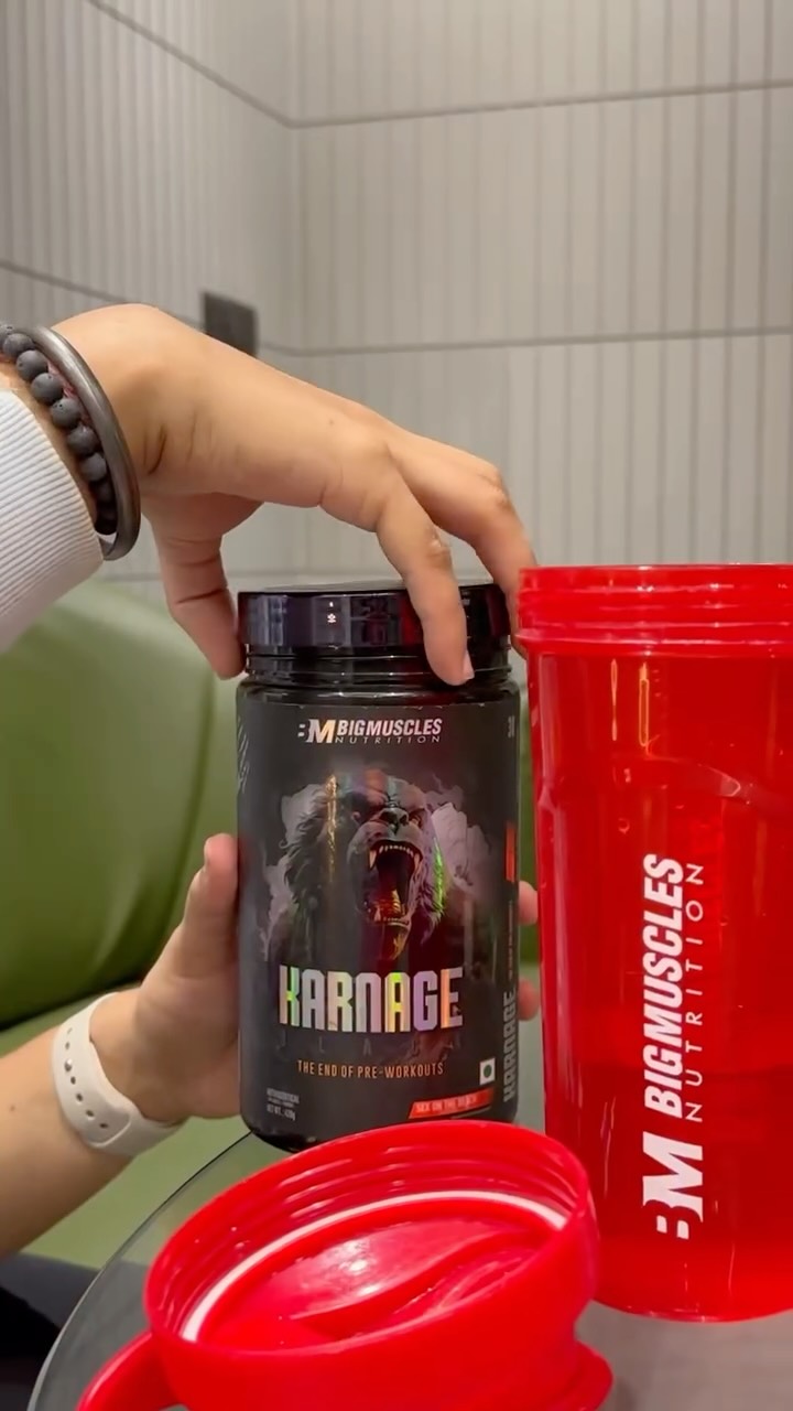 Instagram post by @rubleen_22 for Bigmuscles Nutrition. Caption reads: [...] #BigMusclesNutrition #Karnage #PreWorkout....