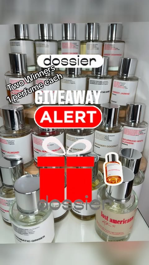Instagram post by @abz_influenstareviews for Dossier. Caption reads: ❤️❤️❤️❤️❤️❤️❤️❤️ @dossierperfumes GIVEAWAY 🏆2....