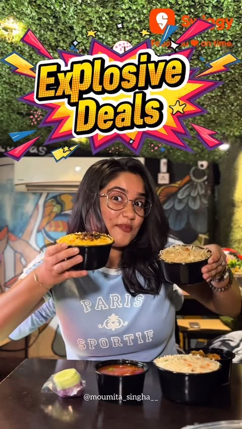 Instagram post by @moumita_singha__ for Swiggy. Caption reads: Explosive Deals 💥🔥 on @swiggyindia City –....