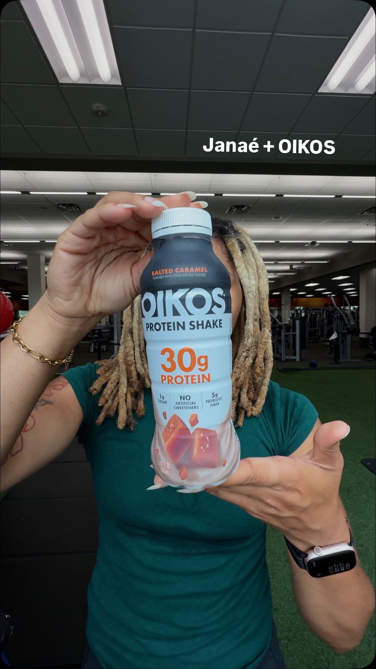 Instagram post by @janaethorntonn for OIKOS. Caption reads: #OIKOSPartner 22 years old and BUSY w/ @oikos....