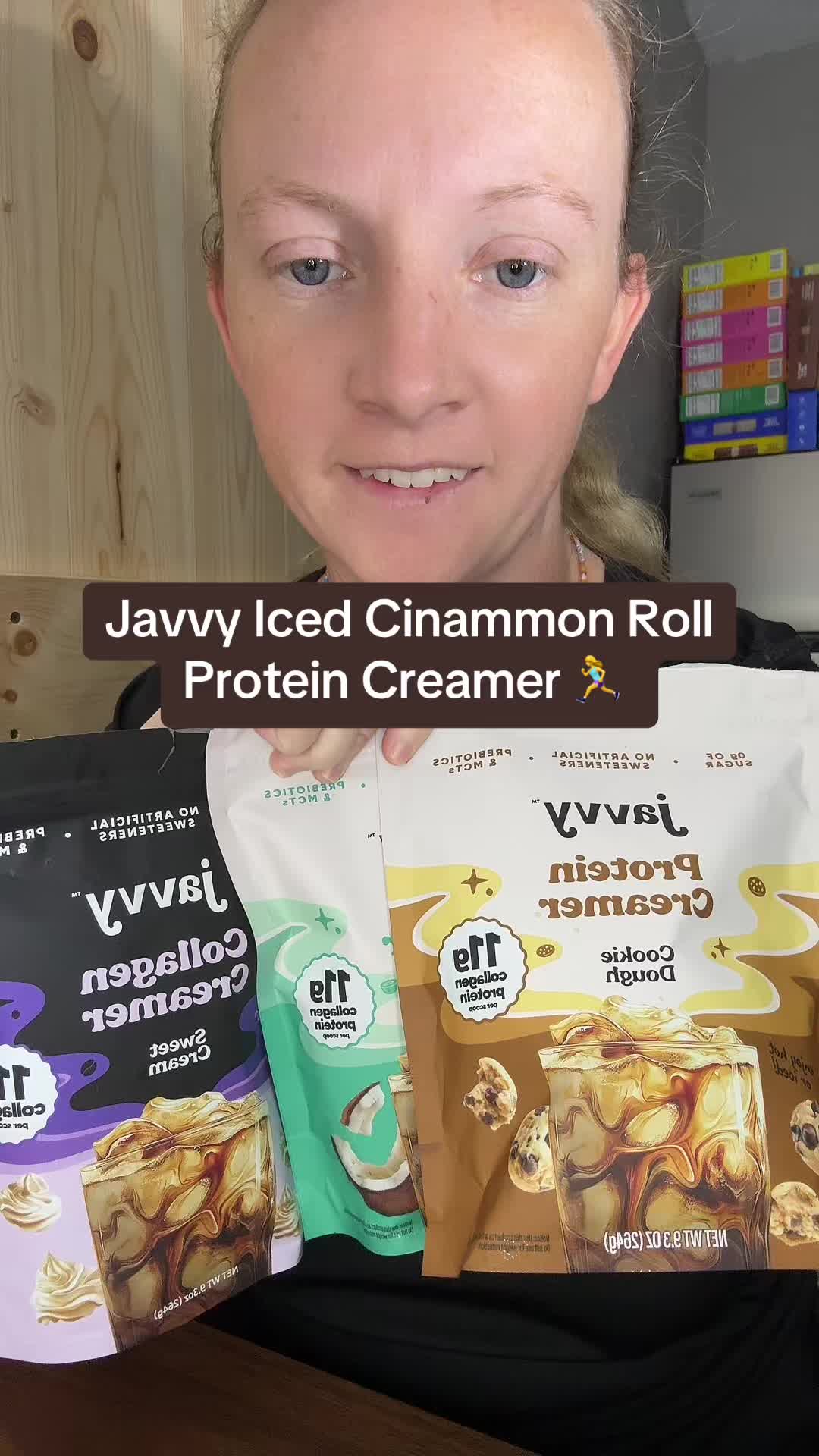 TikTok post by @ashleygreen33 for Javy Coffee. Caption reads: Javvy iced cinnamon roll protein creamer.....