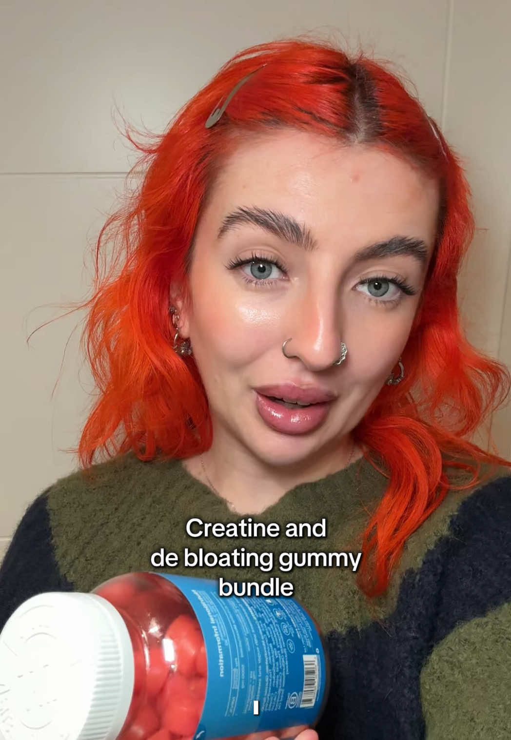 TikTok post by @baylaurelhoney for Novomins. Caption reads: Creatine and debloating gummies from @Novomins....