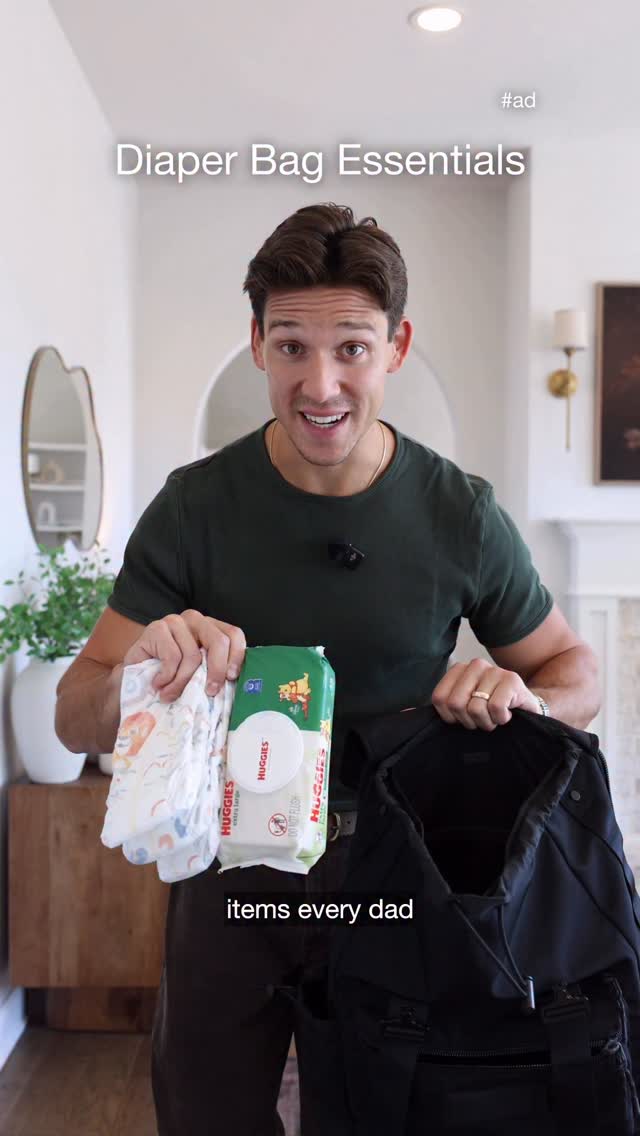 Instagram post by @zach_webber_ for Huggies. Caption reads: #ad 5 things every dad needs in his diaper bag

1.....