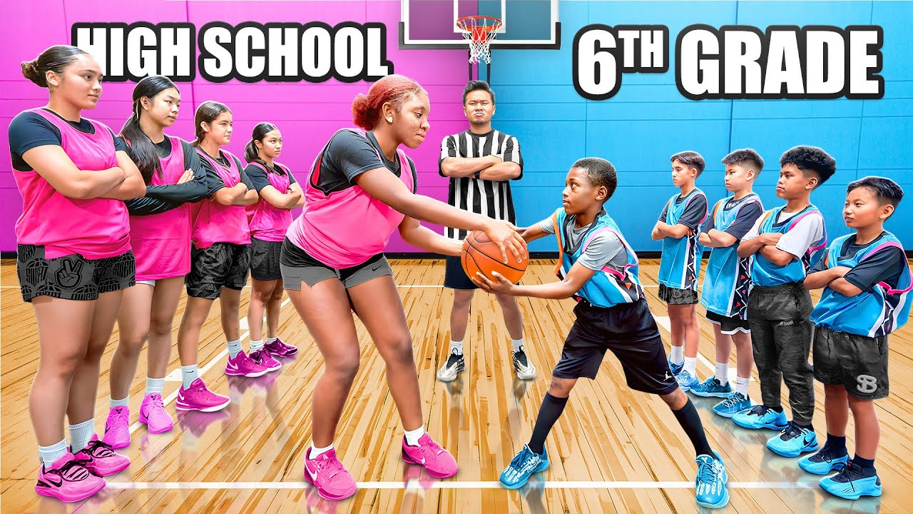 YouTube post by @JeffreyBui for Bucketsquad. Caption reads: High School Girls vs Middle School Prodigies.
