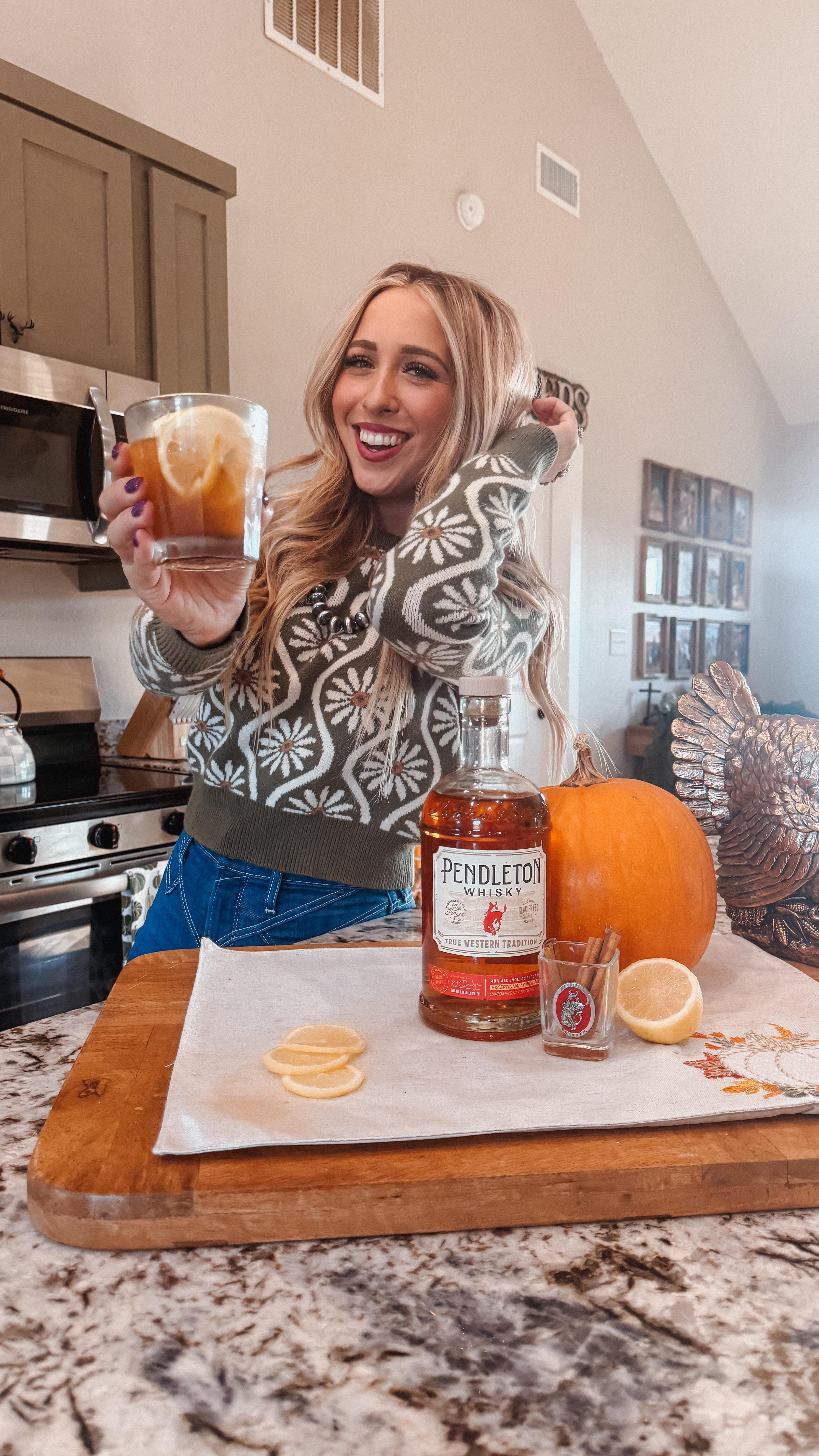 Instagram post by @__morgannicole for Pendleton Whisky. Caption reads: My favorite fall cocktail with @pendletonwhisky....