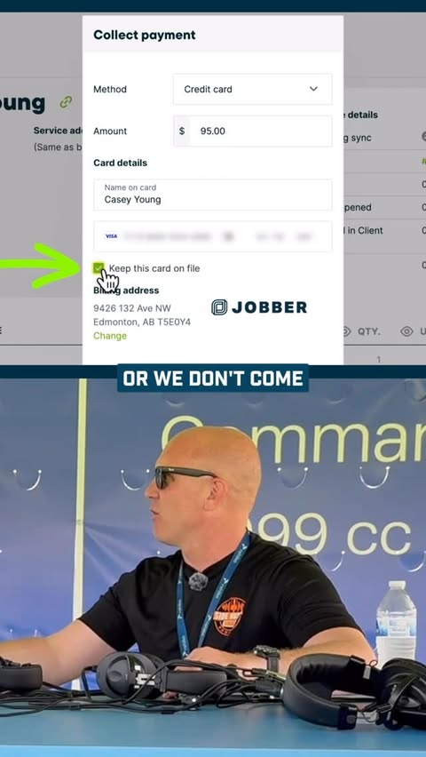 Instagram post by @realpauljamison for Jobber. Caption reads: [...] customers’ credit cards on file with @jobber....