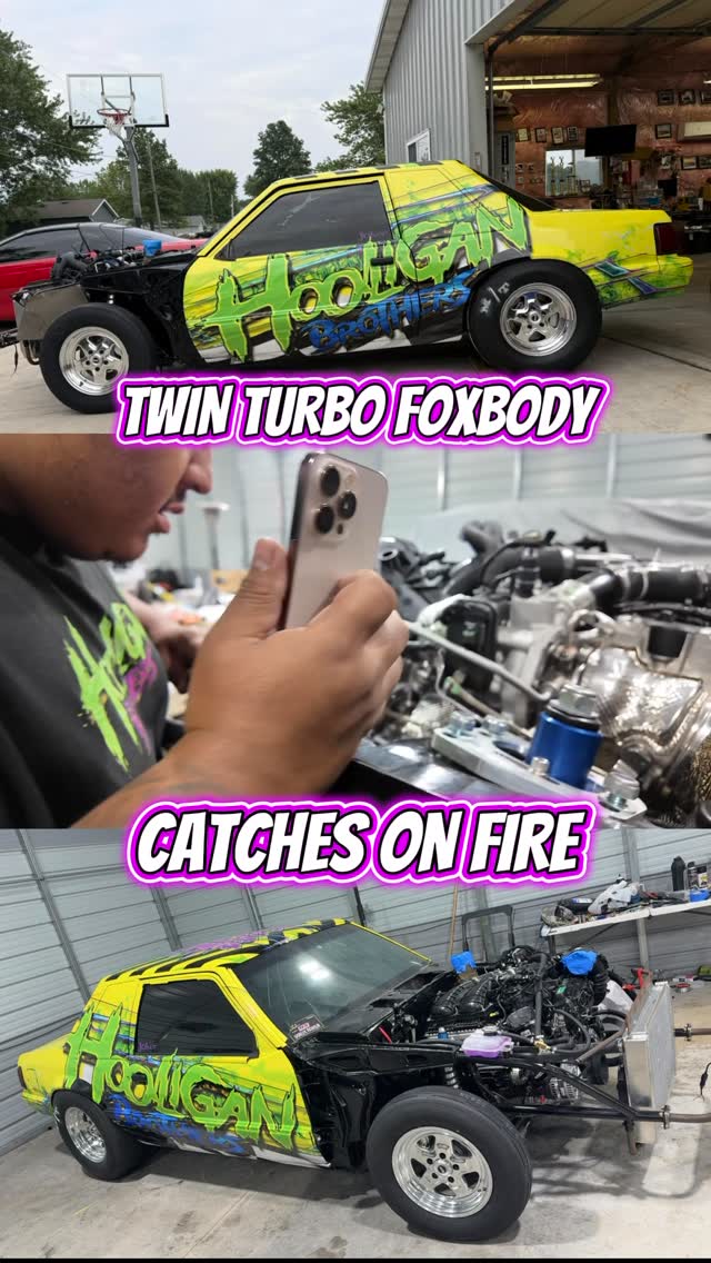 Instagram post by @hooliganbrothers for Dodge. Caption reads: [...] hurricane Foxbody catches on fire!....