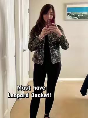 TikTok post by @stay_at_homestead_mom for luvamia. Caption reads: [...] #denimjacket #cheetah #falljacket @luvamia.