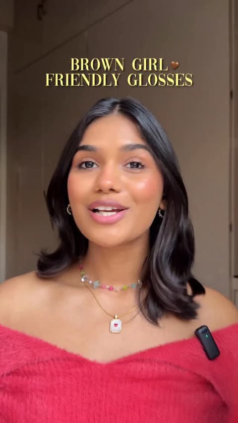 Instagram post by @vridhijhanwar for Revlon. Caption reads: 4 brown girl friendly lip gloss shades that will....