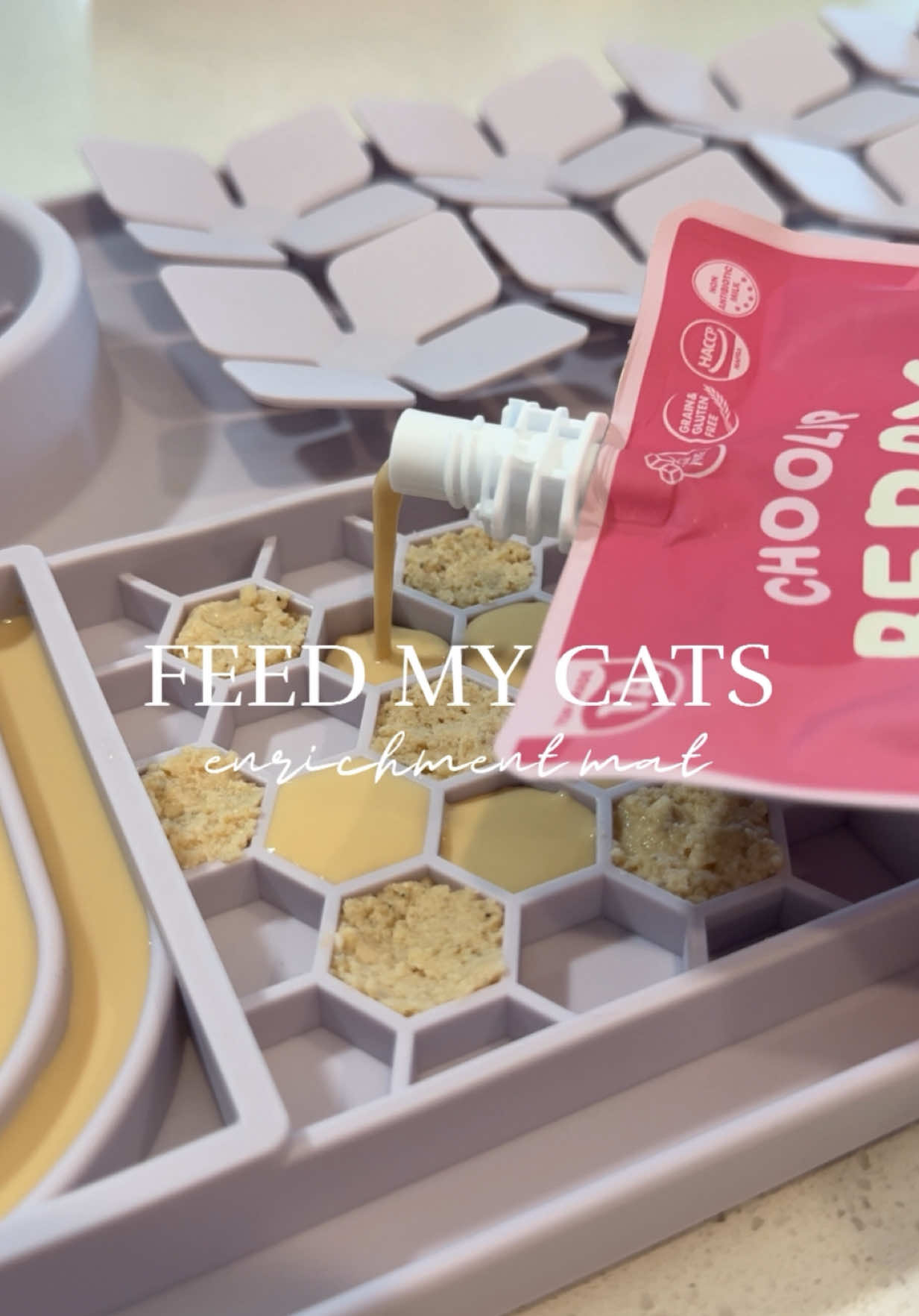 TikTok post by @simplekitties for Open Farm Pet. Caption reads: Enrichment mat for the kitties ✨ Pantry Picks 🍽️....