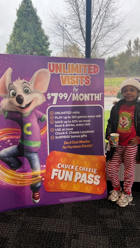 Instagram post by @kieran_renee_03 for Chuck E. Cheese. Caption reads: #ad Come with us as we preview the @chuckecheese....