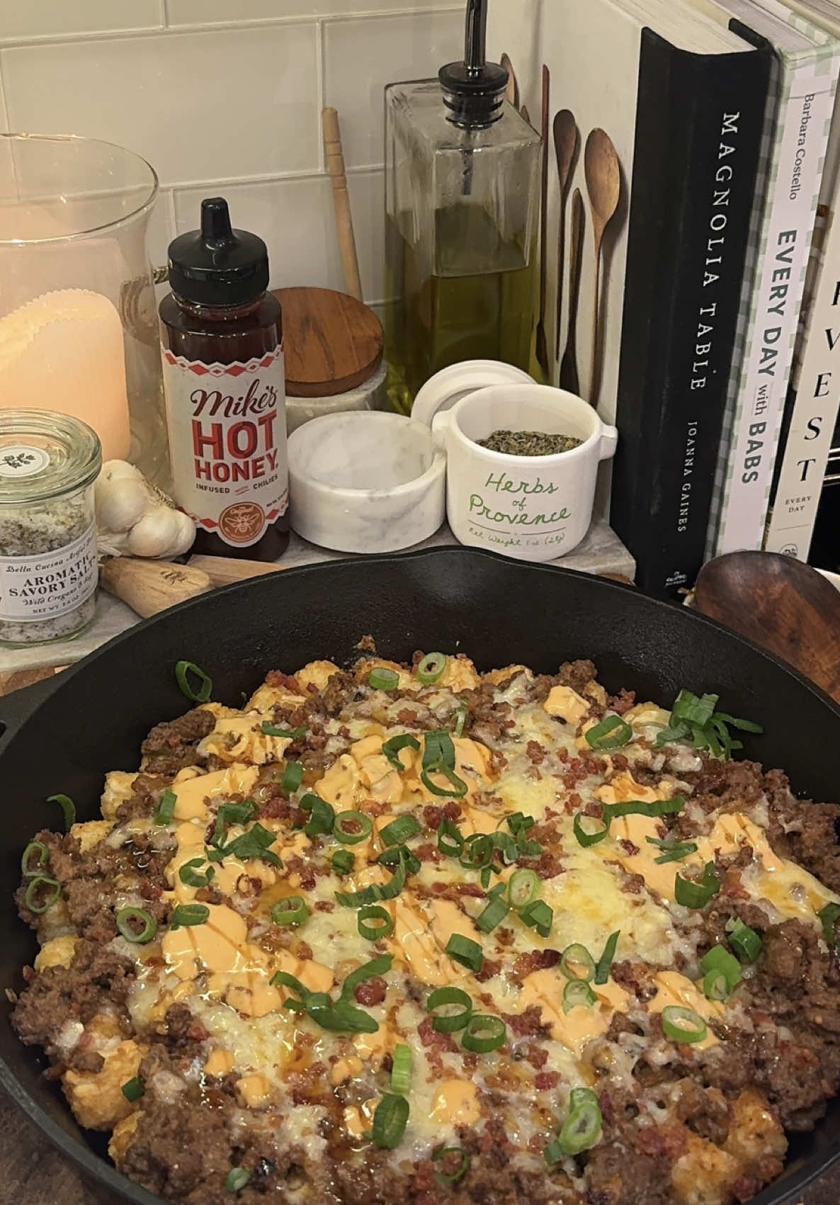 TikTok post by @jennahkaye for Mike's Hot Honey. Caption reads: [...] Serve warm. #easyrecipe #mikeshothoney....