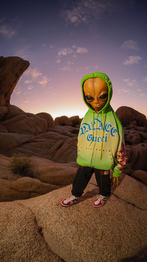 Instagram post by @succ for Palace Skateboards. Caption reads: Lil Mayo for #PalaceGucci 🤝👽 #GucciVault.