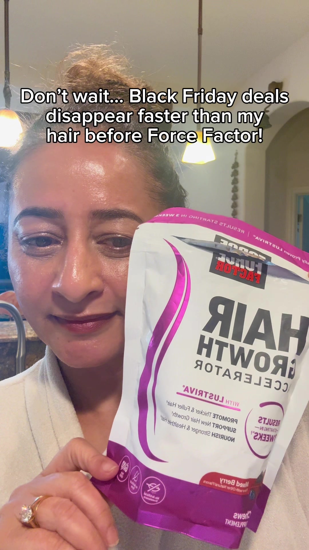 TikTok post by @apeksha132 for Force Factor. Caption reads: Your sign to stock up—your hair will thank you and....