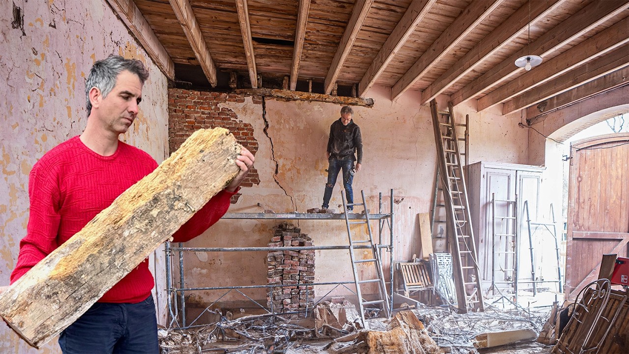 YouTube post by @HowToRenovateAChateau for Lingoda. Caption reads: New Oak Beams and Joists to SAVE the Abandoned....
