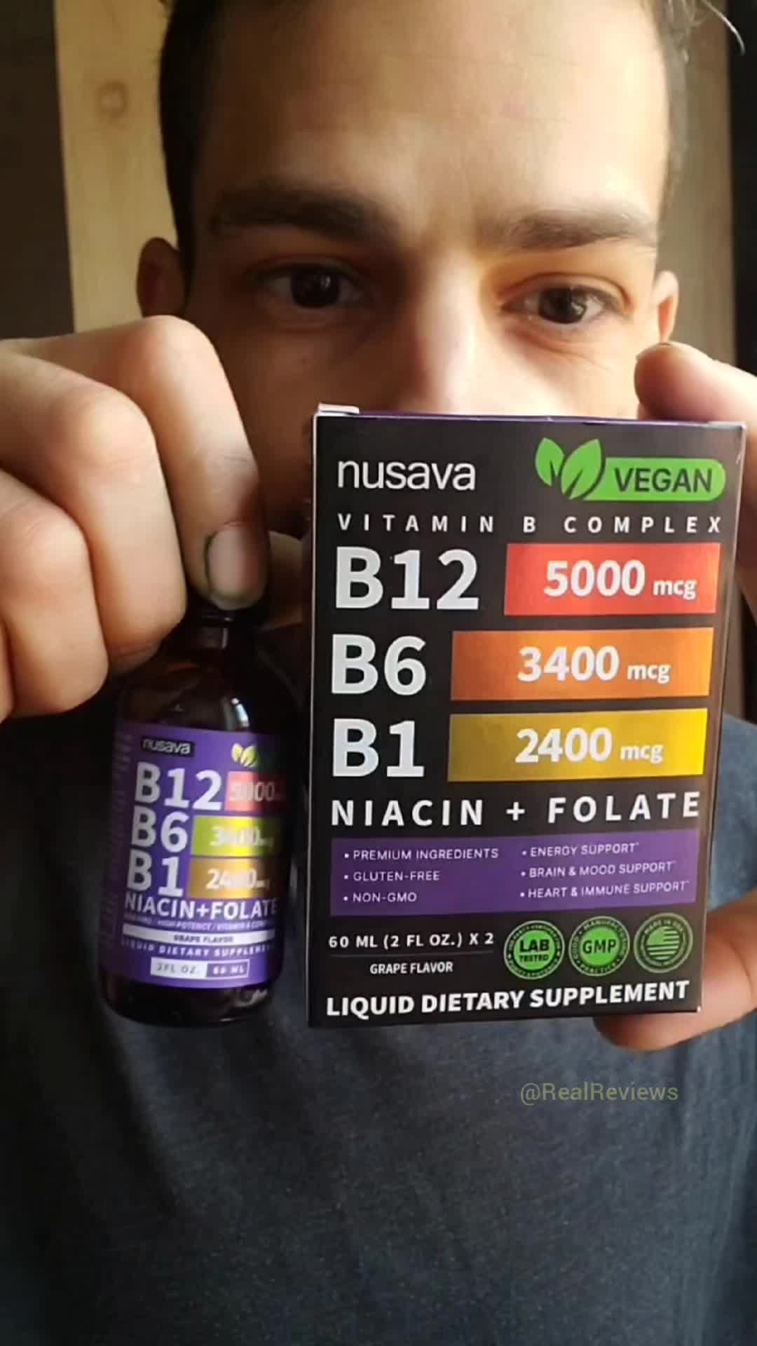 TikTok post by @official.sh0p for Nusava. Caption reads: @NusavaOfficial #B12Complex #B12 #LiquidB12Drops....