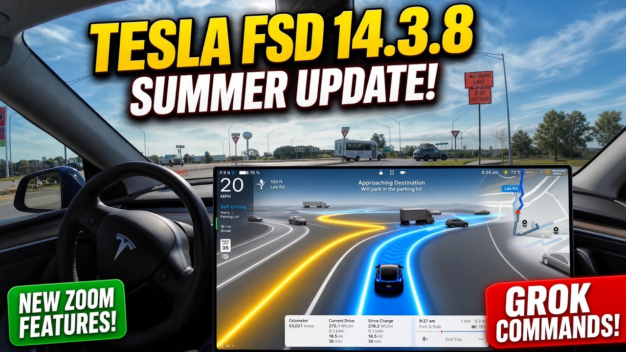 YouTube post by @DirtyTesla for Lugano_Beauties. Caption reads: Tesla FSD 14.3.8 Drive: New Visual Zoom, Grok....
