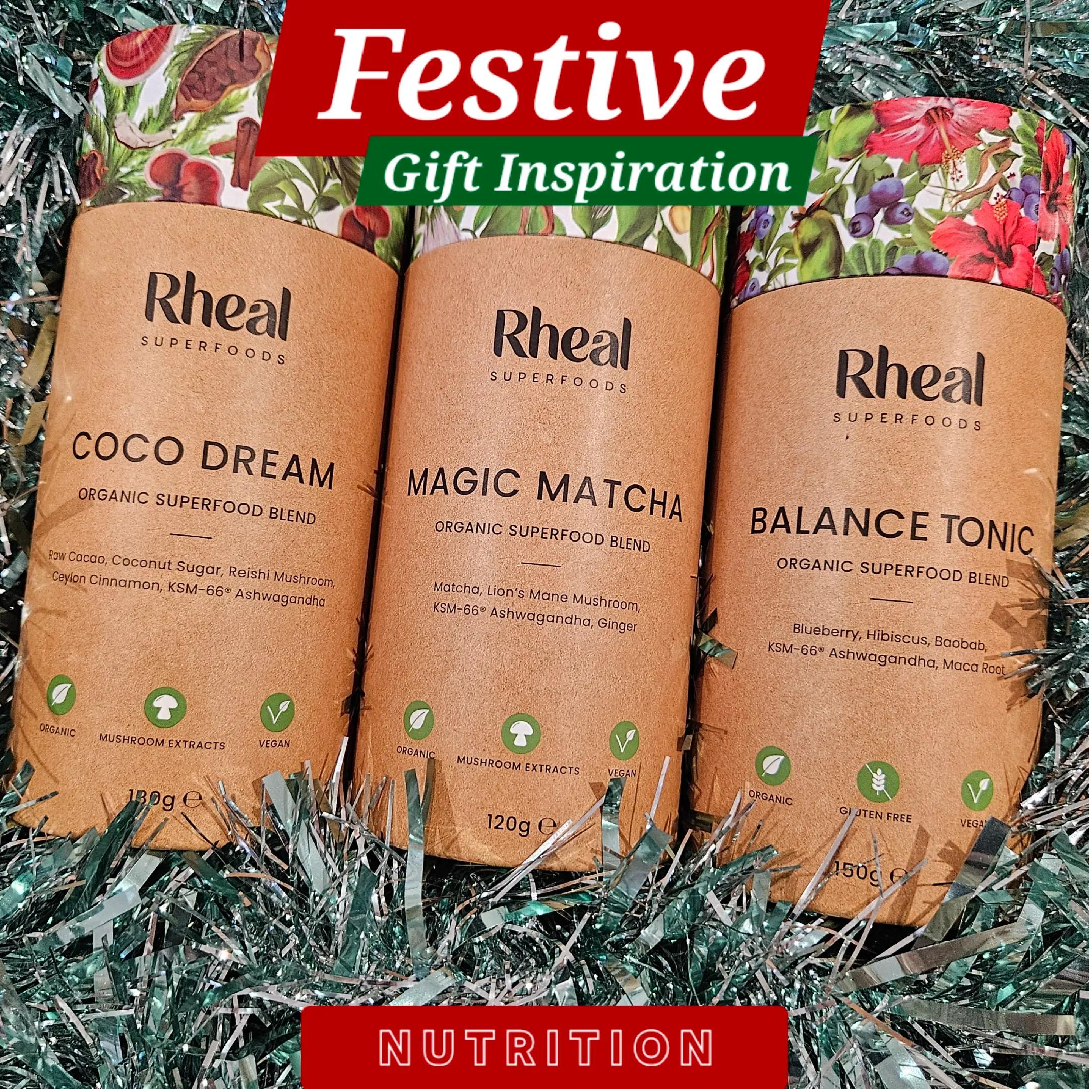 TikTok post by @reviewedbyhanna for Rheal Superfoods. Caption reads: [...] tap link in bio 💸 SAVE 20%: HANNA @Rheal....