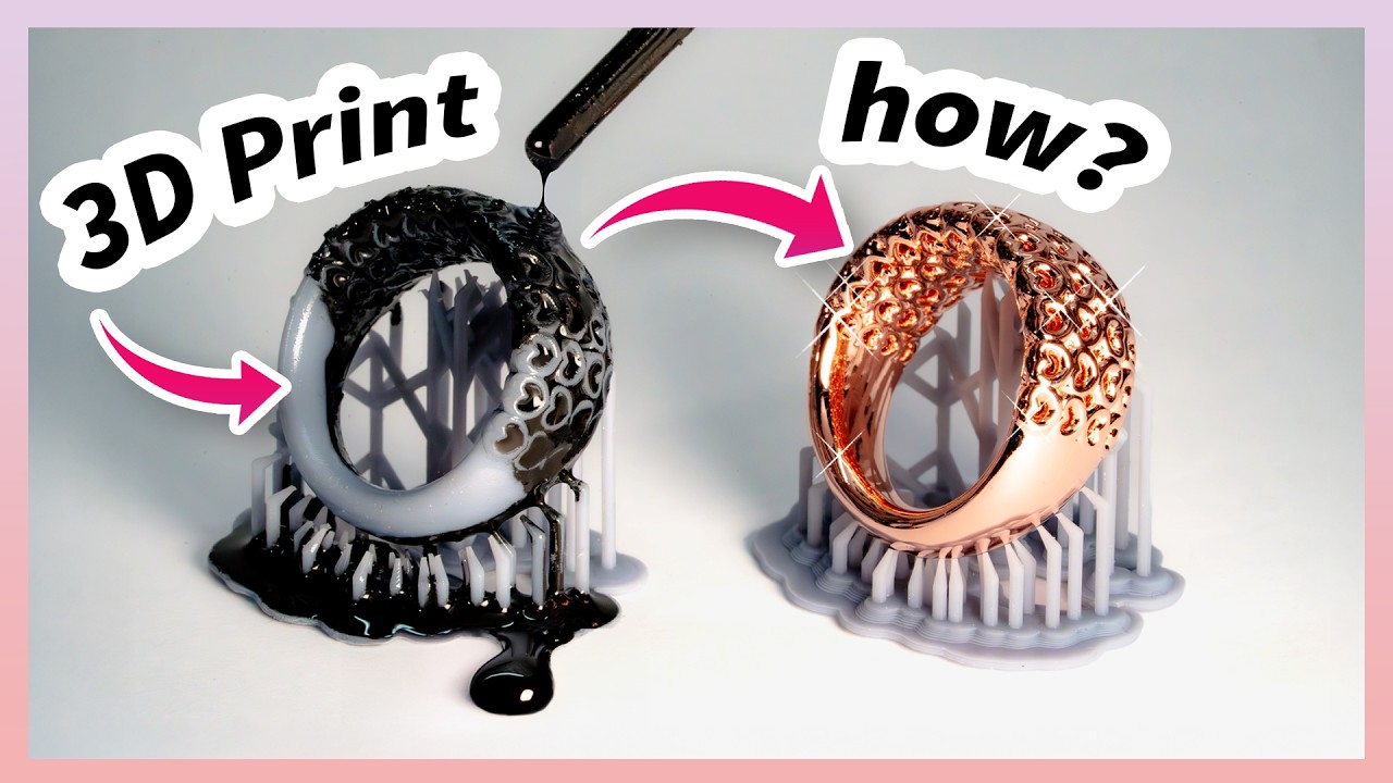 YouTube post by @hen3drik for Thingiverse. Caption reads: Electroplating 3D Printed Jewelry | FULL TUTORIAL.