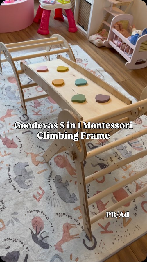 Instagram post by @goodevas_uk for Goodevas. Caption reads: 🖤 GOODEVAS 5 in 1 MONTESSORI CLIMBING [...].