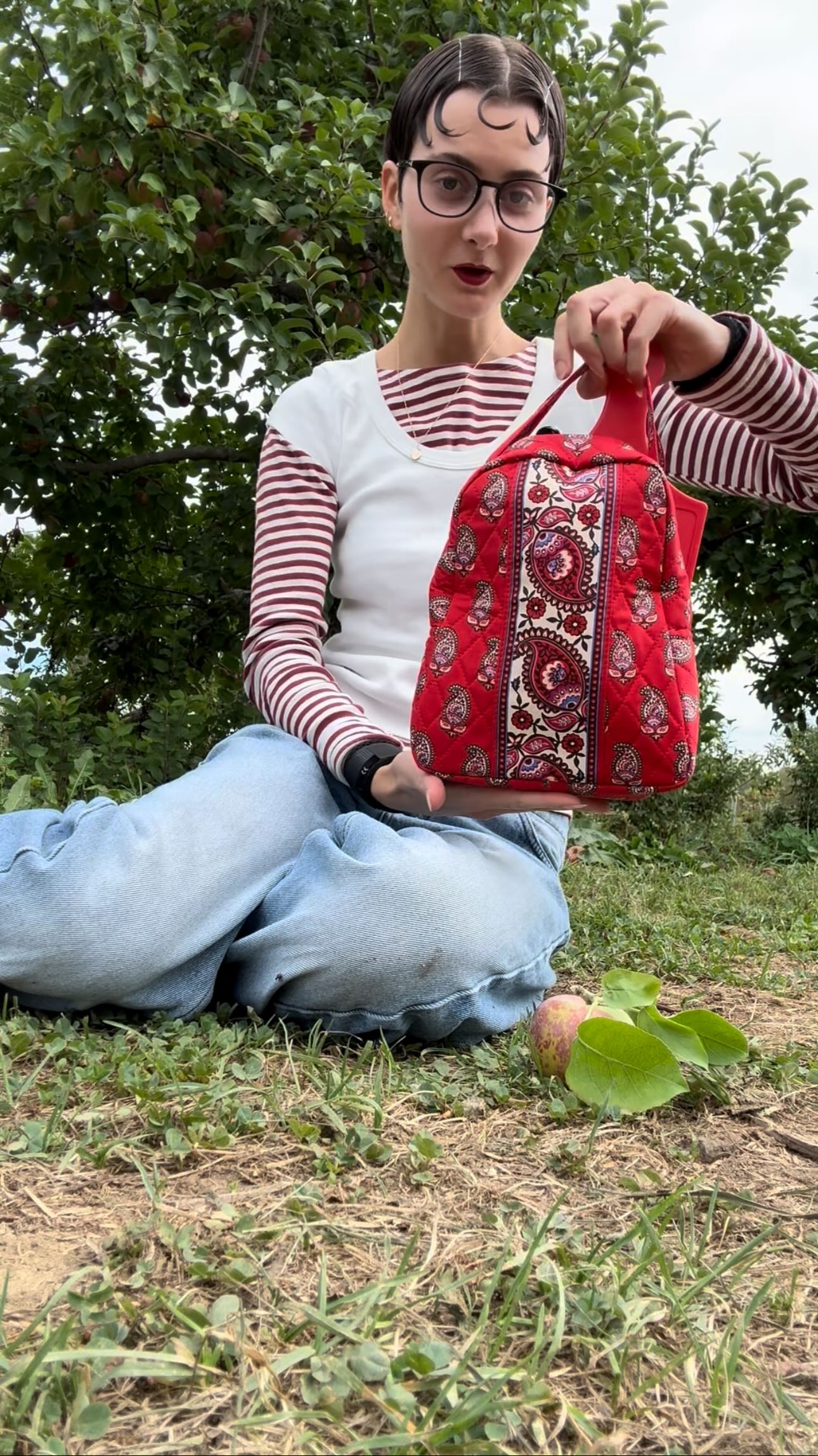 Instagram post by @aimeefrance for Vera Bradley. Caption reads: Apple picking picnic 

#applepicking #lunch....