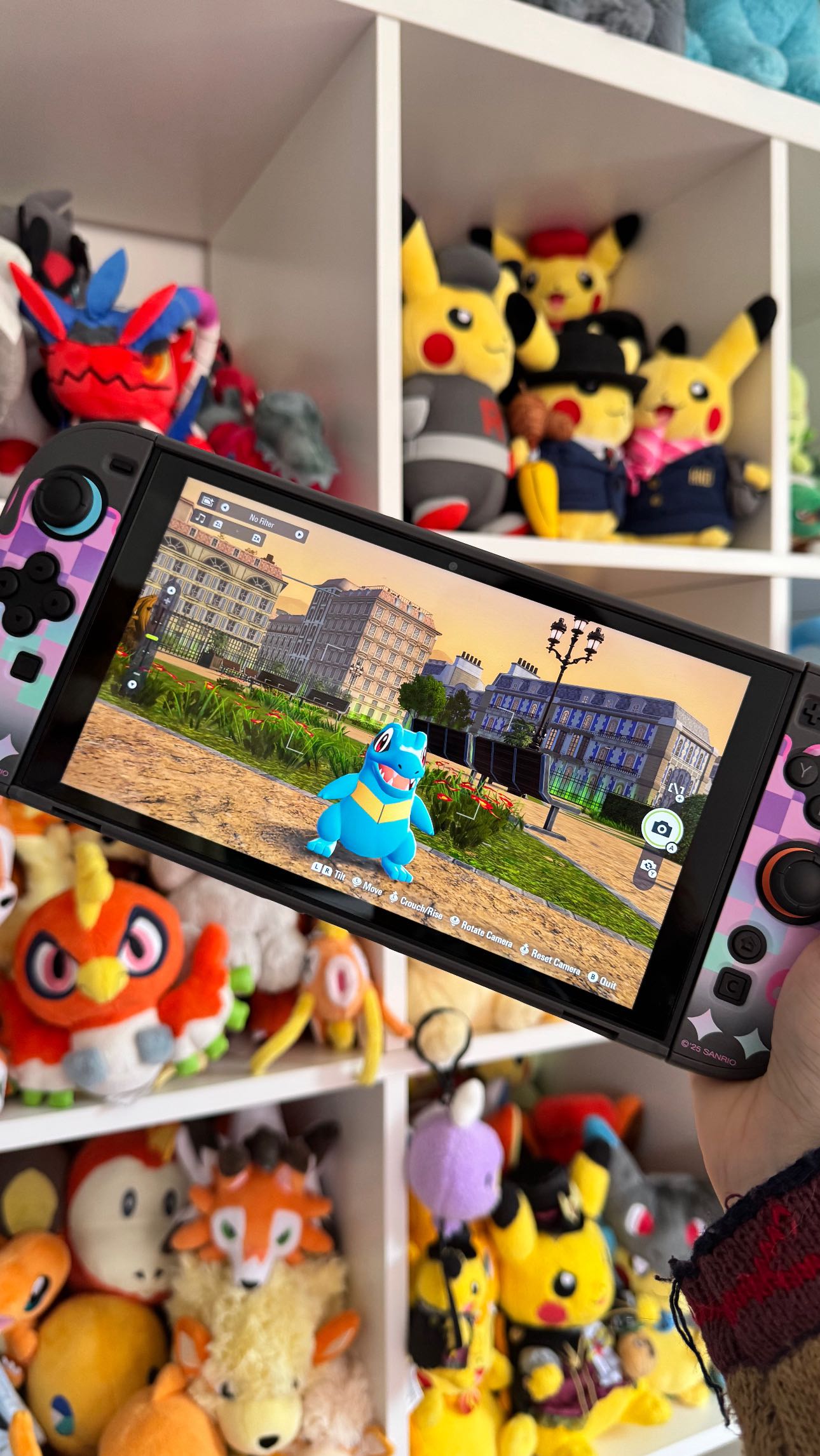 Instagram post by @attackonmew for GeekShare. Caption reads: Currently glued to my Nintendo Switch 2 on Pokemon....